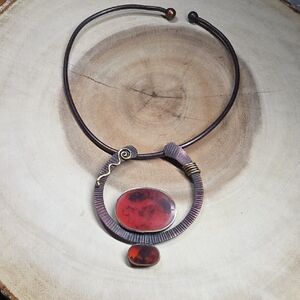 handcrafted copper and red stone or polymer clay pendant necklace